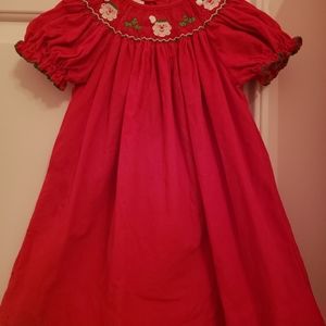EUC Petit Bebe Red Santa Smocked Bishop Dress Girl